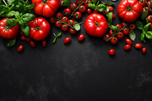 Tomatoes And Basil On Black Background, Top View, Flat Lay