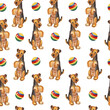 Watercolor seamless pattern with a cute airedale terrier dogs and balls on a white background.