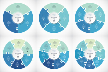 Wall Mural - Set of vector infographic puzzle circular templates. Cycle diagrams with 3, 4, 5, 6, 7, 8 parts, options. Can be used for chart, graph, report, presentation, web design.