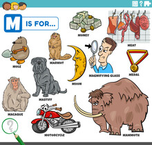 Letter M Words Educational Set With Cartoon Characters