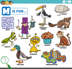 letter m words educational set with cartoon characters