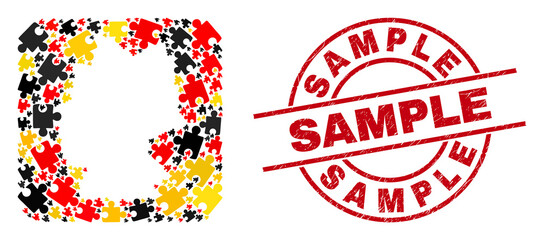 Sticker - German map mosaic in German flag official colors - red, yellow, black, and dirty Sample red round stamp. Sample stamp uses vector lines and arcs.