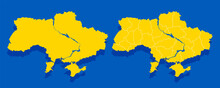 General And Detailed Map Of Ukraine. Stickers With Borders Of European Country In National Yellow Blue Colors Of Ukraine. Preserve Independence And Sovereignty Of State. Cartoon Flat Vector Set