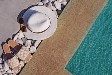 Flat lay composition with stylish modern beach accessories