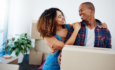 Poster - Looking forward with you not backwards. Shot of an attractive young couple moving house.