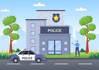 Police Station Department Building Vector Illustration with Policeman and Car on Flat Cartoon Style Background