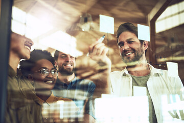 Poster - Laying out their innovative plans from start to finish. Shot of a group of businesspeople brainstorming with notes on a glass wall.
