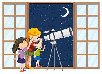 Canvas Print - Kids observe night sky with telescope