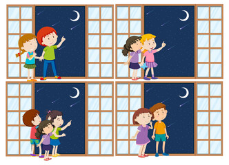 Poster - Set of different kids pointing finger to the moon