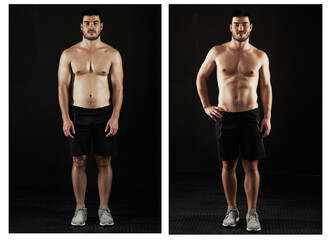 Anyone can achieve the body they desire. Before and after shot of a young mans fitness progress isolated on black.