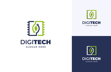 Aufkleber - Green tech data leaf circuit vector logo design, Modern digital innovation chip board logo design