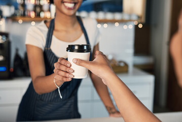 Aufkleber - Collecting a fresh cup of the best. Closeup shot of a barista serving coffee to a customer in a cafe.