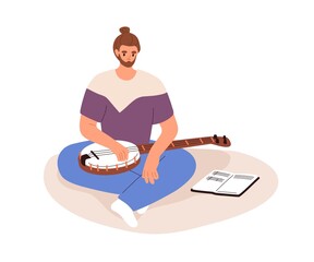Poster - Musician at creative crisis, burnout. Man, bonjo player failed in learning to play string instrument. Creativity problems, difficulties concept. Flat vector illustration isolated on white background