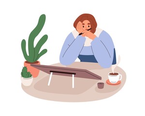 Poster - Creative crisis concept. Sad uninspired digital artist, illustrator with lack ideas at tablet PC. Tired designer woman with creativity problems. Flat vector illustration isolated on white background