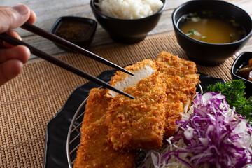 A view of a plate of tofu katsu, featuring a hand holding chopsticks.