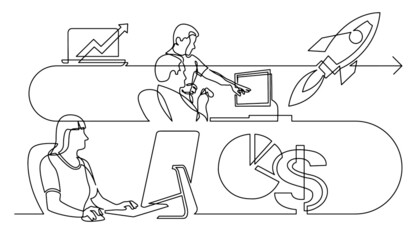 Poster - business concept one line drawing illustration of work process