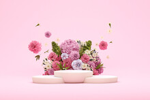 3D Podium Display, Pastel Pink Background With Hydrangeas Flower And Vintage Frame. Peonies Flower And Nature Leaf. Minimal Pedestal For Beauty, Product. Feminine Copy Space Template 3d Render	