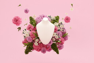 Bust showcase jewelry display for necklace pendant on flowers background. Stand holder. Hologram color mannequin jewelry stand. Feminine copy space template 3d render