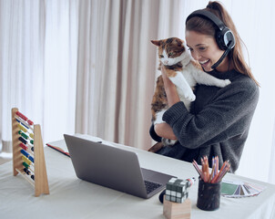 Poster - You can never tell where your influence stops. Shot of a young teacher showing her cat to a student online at home.