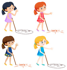 Wall Mural - Set of different four girls drawing smile face on the ground