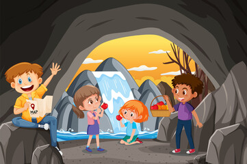 Wall Mural - In cave scene with children exploring cartoon character