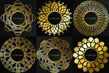 Luxury logo set. Geometric shapes, symmetrical, mandala style. Elegant black and gold, space for logo in golden frame. Vector image.