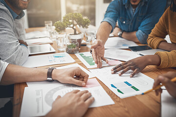 Poster - Getting to the root in a timely manner. Shot of a group of businesspeople discussing statistics.