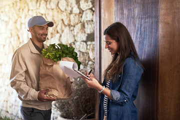 Poster - The convenience of store-to-door delivery. Cropped shot of a courier making a delivery to a customer at her home.