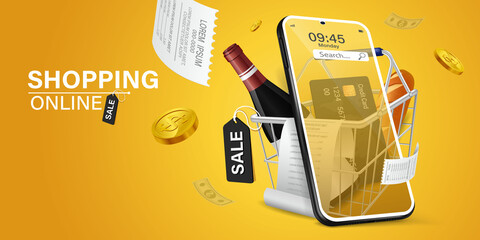 Wall Mural - shopping cart had bottles, bread and credit card inside. smartphone is placed in front of the shopping cart. all on a yellow background . mobile shopping concept.Convenient, fast and secure payment.