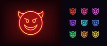 Outline Neon Devil Emoji Icon. Glowing Neon Evil Emoticon With Horns And Smile, Demon Face Pictogram