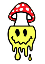 Trippy Smile Face,amanita Mushroom.Vector 90s Style Cartoon Character Illustration.Isolated On White.Trippy Smile Smiley Face, Amanita Mushroom Concept. Psychedelic Face For T-shirt, Sticker, Poster