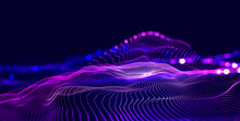 Hi-tech, Sci-fi 3D Illustration Abstract Musical Beat. Sound Wave In Field Of Big Data Particles. Dancing Dots Of A Neural Network In A Nanotechnology Cyberspace Project. Bokeh And Bright LED Flashes