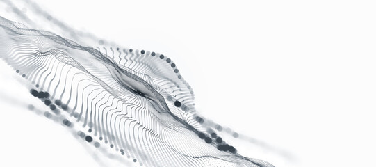 Poster - Big data cyber stream 3D illustration. Rhythmic waves of electrical impulses in a neural network. Sound and particles of musical rhythm. Blurred bokeh emotion in digital code space