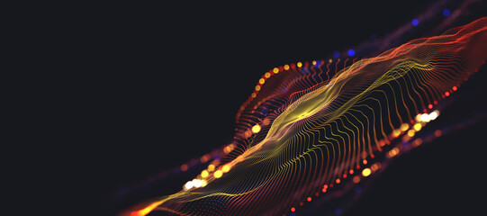 Poster - Big data cyber stream 3D illustration. Rhythmic waves of electrical impulses in a neural network. Sound and particles of musical rhythm. Blurred bokeh emotion in digital code space