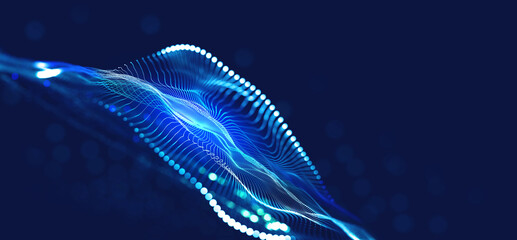 Poster - Big data cyber stream 3D illustration. Rhythmic waves of electrical impulses in a neural network. Sound and particles of musical rhythm. Blurred bokeh emotion in digital code space