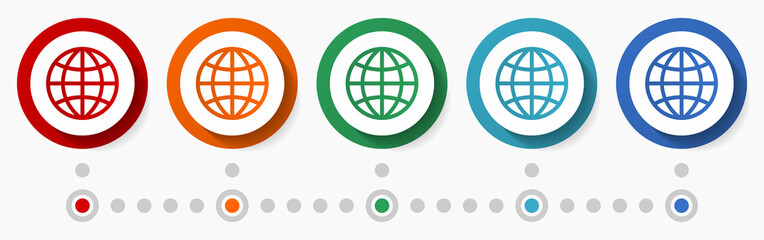 Aufkleber - Globe, world concept vector icon set, infographic template, flat design colorful web buttons in 5 color options