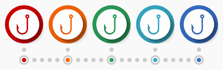 Aufkleber - Fishing, hook concept vector icon set, infographic template, flat design colorful web buttons in 5 color options