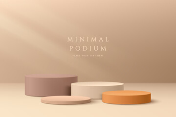 Abstract 3D room with set of realistic steps cream, beige and orange cylinder pedestal podium. Minimal scene for product display mockup presentation. Vector rendering geometric forms. Stage showcase.
