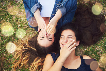 Her jokes are the funniest. High angle shot of two female best friends spending the day in a public park.