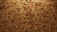 Wood, Square Mosaic Tiles Arranged In The Shape Of A Wall. 3D, Soft Sheen, Blocks Stacked To Create A Timber Block Background. 3D Render
