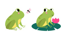 Cute Funny Green Baby Frogs Set Cartoon Vector Illustration