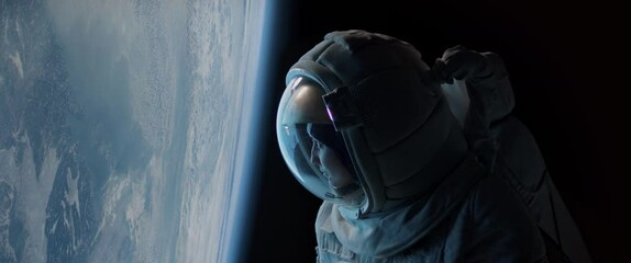 Wall Mural - cu portrait of caucasian female astronaut during spacewalk on the earth orbit. space exploration, ma