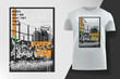 T-shirt design with city background. Vintage typography for tee print with slogan PEOPLE ONLY SEE WHAT THEY WANT TO SEE. Graffiti with grunge texture in vintage and hipster style.