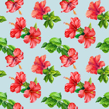 Tropical Red Flowers, Hibiscus Watercolor Botanical Illustration. Floral Seamless Patterns On Blue Background