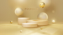 Luxury Background With Product Display Podium And 3d Gold Ball Element And Blur Effect Decoration And Glitter Light With Bokeh.