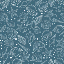Sea Abyss With Seashell Seamless Pattern. Background White Silhouette Oceanic Mollusks On Blue Background. Template For Fabric, Wrapping, Wallpaper And Design Vector Illustration