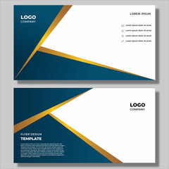 Modern geometric design brochure with blue triangle shape and gold outline. Trendy templates for flyers, invitations, banners, birthdays, weddings, business cards.