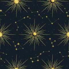 Wall Mural - Vector gold seamless pattern with sun, constellations, stars. Trendy background for design of fabric, package, astrology, yoga mat, phone case.