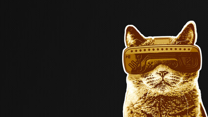 Cat in a VR headset. Virtual reality goggles web 3 or metaverse metaphor. Cartoon style sci-fi black and gold illustration. Horizontal banner with copy space, place for text or text area