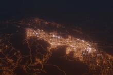 Aerial Shot Of Palm Springs (California, USA) At Night, View From South. Imitation Of Satellite View On Modern City With Street Lights And Glow Effect. 3d Render